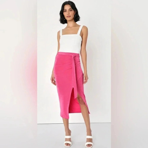Lulus Pink Tie-Front Faux Wrap Midi Skirt - Picture 4 of 5